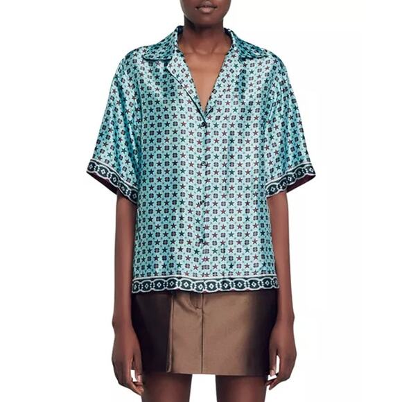 Sandro Vanille Printed Shirt Size 2 Medium - Picture 1 of 10